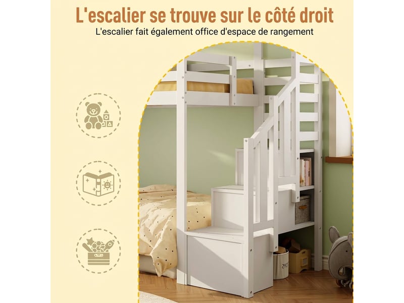 Lit superposé enfant 90x200 cabane avec fenêtre - escalier rangement et protection anti-chute - bois massif blanc - Conforama R