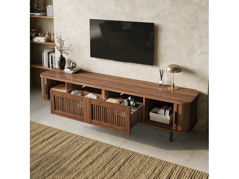 Meuble tv 2 tiroirs, 2 portes coulissantes, led réglable par application, mdf noyer pour salon 180 × 40 × 44,5 cm - Conforama E