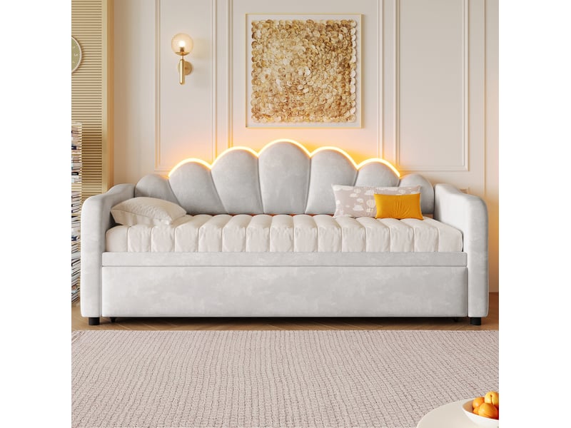  Lit banquette gigogne 90x200cm, lit enfant, éclairage led, design sobre, pour chambre, en mdf, tissu finition velours, gris, sans matelas  - Conforama E