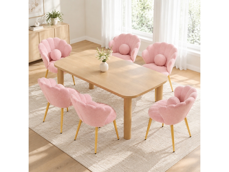  Lot de 6 chaises de salle à manger style coquillage en tissu teddy rose, pieds dorés  - Conforama C
