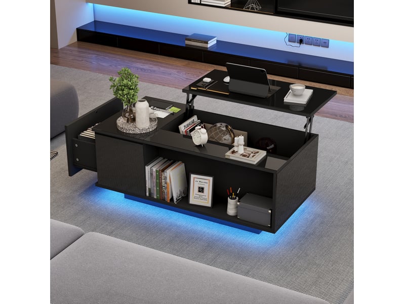 Table basse relevable hydraulique 100x50x40 cm avec rangement et led noire - Conforama B