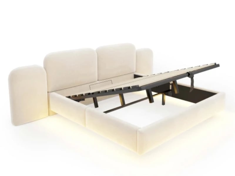  Lit capitonné 180×200 cm, rangement hydraulique, bandeau led, ports de charge, sommier à lattes stable, velours beige  - Conforama E