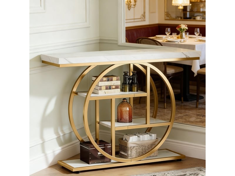 Table console, 105x30x80 cm, style industriel avec rangement, mdf, doré et blanc - Conforama B
