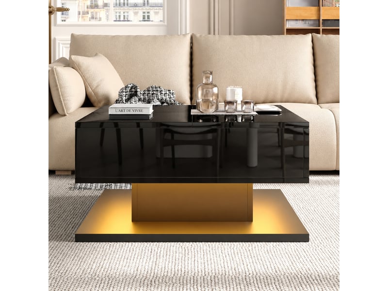  Table basse relevable noire brillante avec led intégrées et rangement, 72 x 72 x 35 cm  - Conforama B