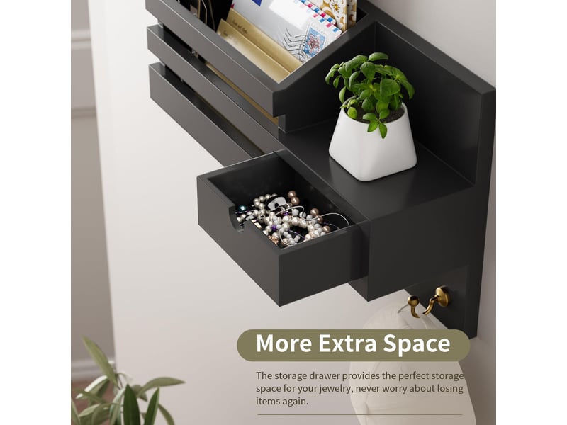  Étagère à clés murale avec 6 crochets et tiroir de rangement, étagère pour porte-clés, pour entrée, salon, couloir, bureau (noir  - Conforama E
