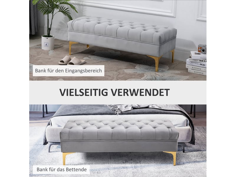  Banc de lit en velours gris clair 118 cm, assise capitonnée et pieds en métal doré pour chambre ou entrée  - Conforama E