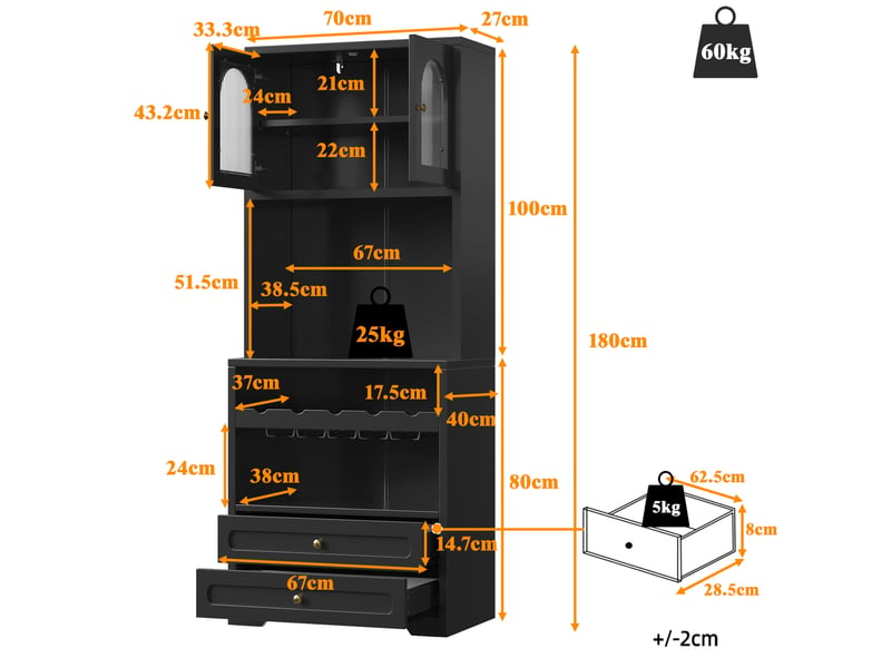 Buffet haut modenvie noir 70 x 40 x 180 cm led, portes vitrées cintrées, range-bouteilles, usb - Conforama C
