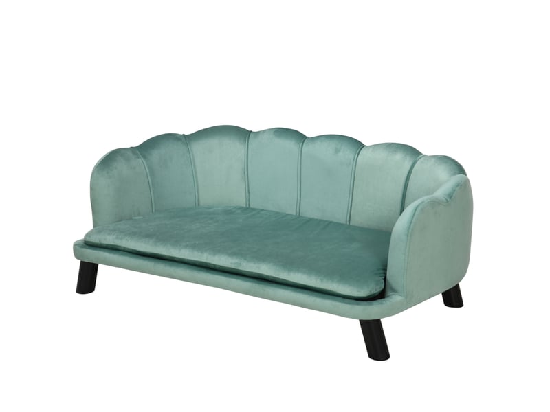 Canapé pour votre petit compagnon vert en tissu velours, dossier coquillage, 98,5 x 60,5 x 35,5 cm, assise surélevée et douce - Conforama A