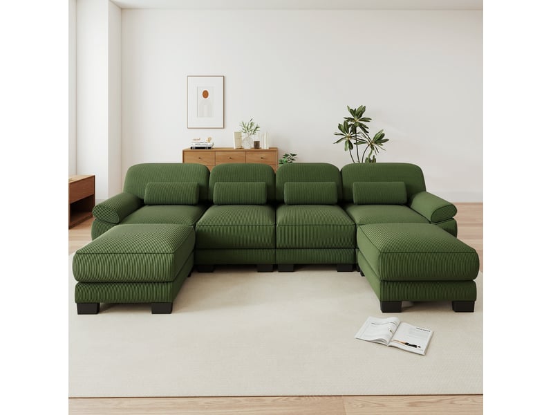 Canapé modulaire tcqpz 4 places en u avec 2 poufs 336 x 161 x 94 cm velours côtelé vert - Conforama E