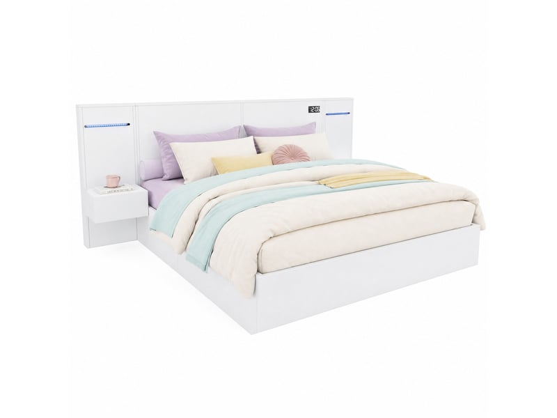  Lit 2 places 180x200 cm – blanc – usb, bluetooth, horloge et éclairage coloré, 2 chevets – sans matelas  - Conforama A