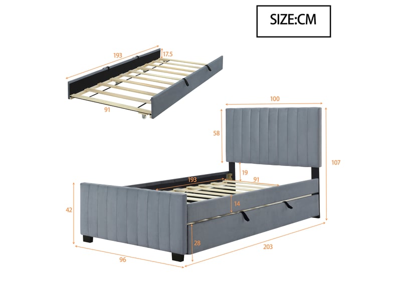  Lit simple rembourré 90 x 190 cm, avec lit gigogne, velours doux pour la peau, gris  - Conforama D