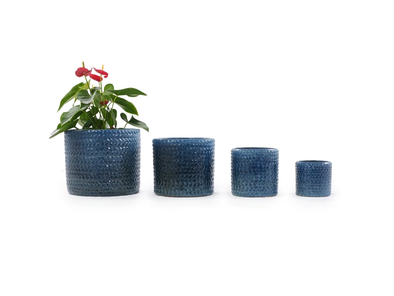  Pot de fleurs rond en céramique ø24,5 cm – bleu foncé brillant – relief chevrons avec trou d'évacuation  - Conforama A