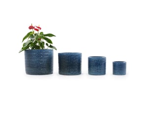 Pot de fleurs rond en céramique ø24,5 cm – bleu foncé brillant – relief chevrons avec trou d'évacuation