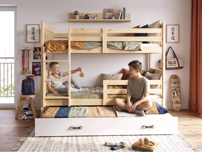  Lit superposé 3 places kacper 90x200 cm + lit tiroir 80x190 cm interbeds - bois massif de pin - pin naturel  - Conforama R