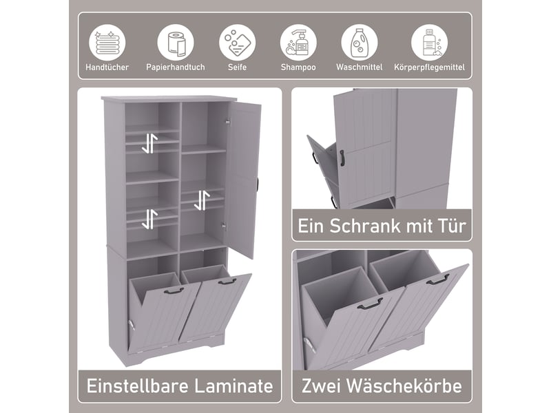  Colonne de salle de bain grise en mdf 78 × 35 × 172,7 cm, double panier à linge, étagères réglables et rangements  - Conforama D