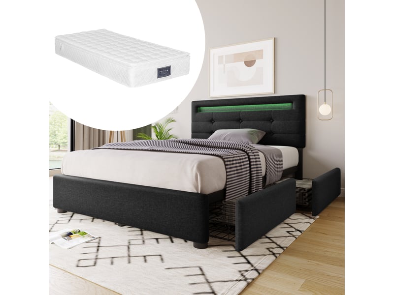  Cadre de lit, lit enfant 90x200 cm, 2 tiroirs, led, tête de lit réglable, sommier à lattes, bois noir, matelas inclus  - Conforama A