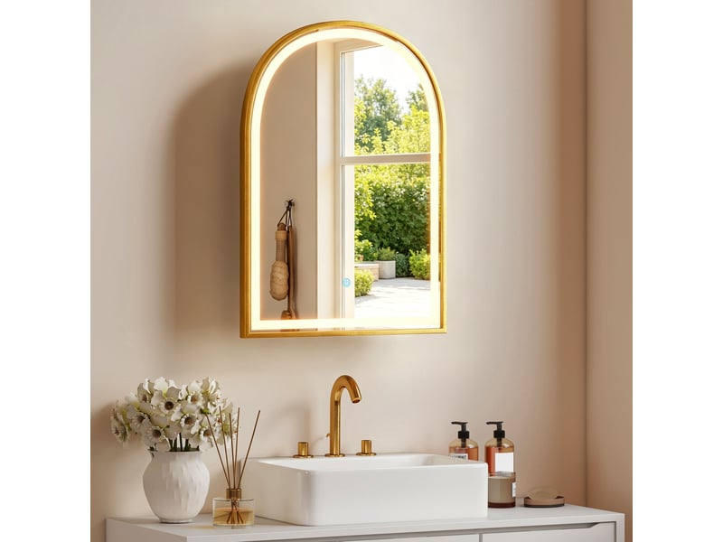  Armoire murale salle de bain avec miroir et éclairage led, porte arquée, anti-buée, 50x14,5x70cm, doré  - Conforama D