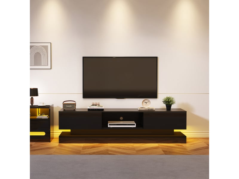  Meuble tv noir brillant led 160x35x40,5 cm – 2 tiroirs – contrôle par app – anti-basculement – compatible tv 60 pouces  - Conforama D