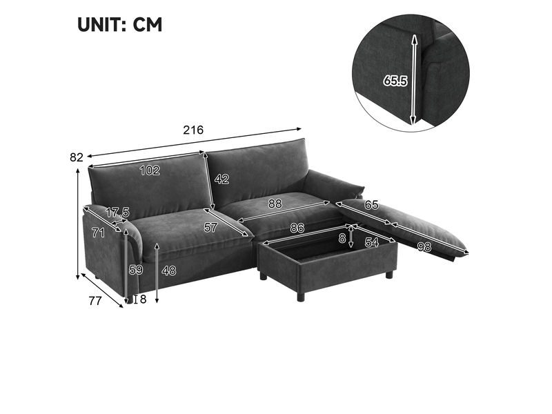  Canapé 3 places modulable gris en chenille avec pouf de rangement  - Conforama C