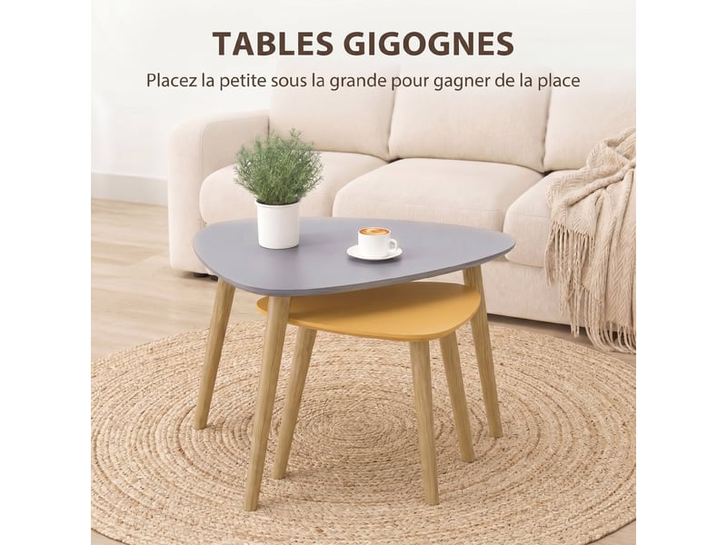  Lot de 2 tables basses gigognes design pieds scandinave en bois et plateau en bois, gris et jaune  - Conforama D
