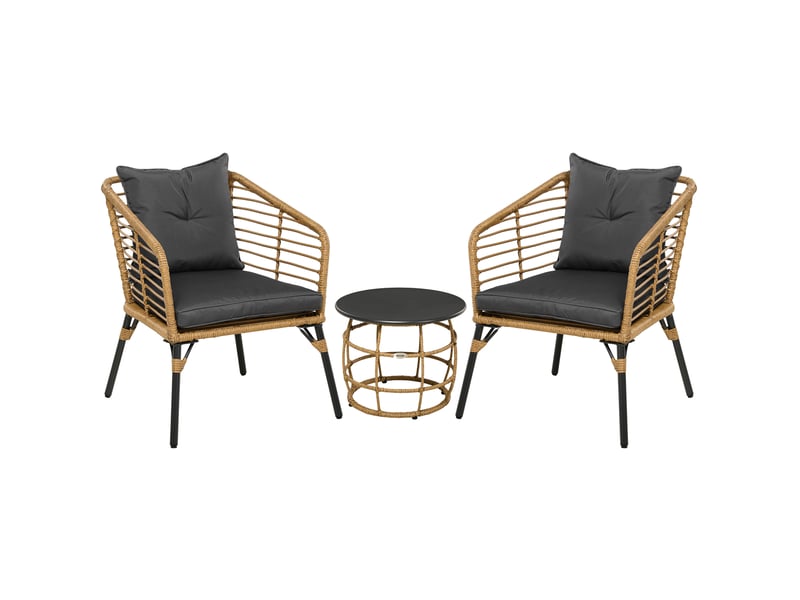  Salon de jardin 3 pièces, fauteuils 62x65x78 cm, acier et rotin pe sable gris foncé, avec coussins  - Conforama A