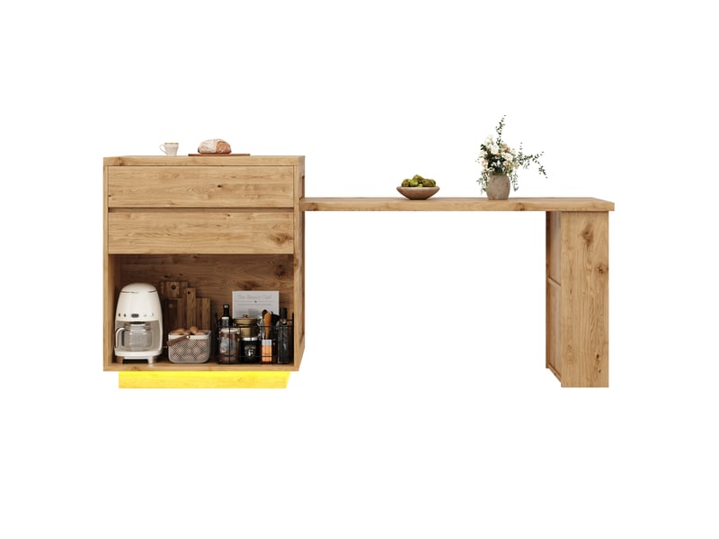  Îlot de cuisine extensible 122-194.5x70x94 cm, 4 tiroirs, led, finition naturelle  - Conforama A