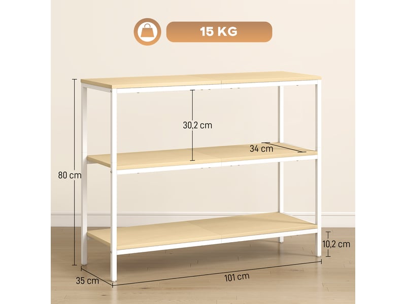  Console d'entrée avec 3 étagères ouvertes et pieds en métal, idéale pour un couloir, un salon ou une chambre. Coloris naturel et blanc.  - Conforama E