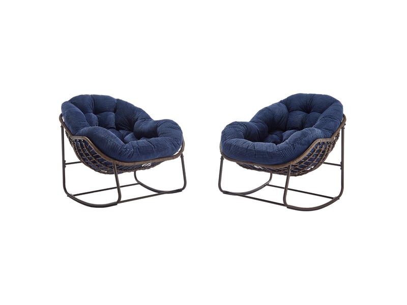  Fauteuil à bascule de jardin en résine tressée bleu marine, coussin rembourré et structure acier, pour se détendre  - Conforama A