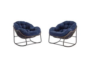 Fauteuil à bascule de jardin en résine tressée bleu marine, coussin rembourré et structure acier, pour se détendre