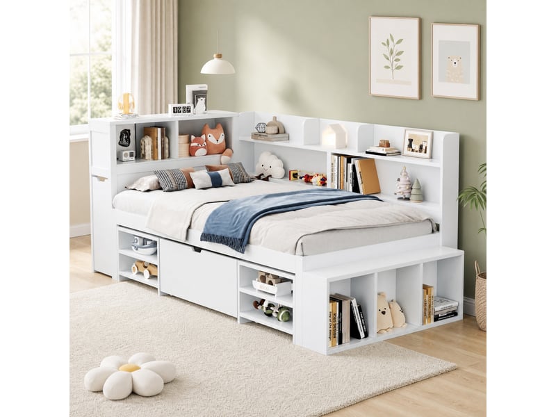  Lit enfant multifonctionnel 90 x 200 cm avec tiroir, bibliothèque et rangement blanc  - Conforama D