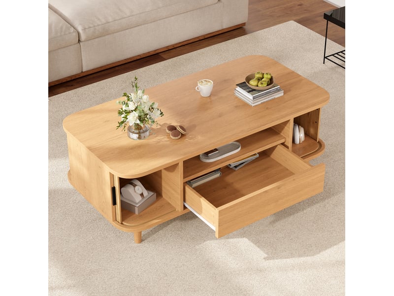 Table basse 100x50x35 cm, 1 tiroir, 2 portes à rideau, rangement ouvert, mdf, panneau de particules, naturel  - Conforama D