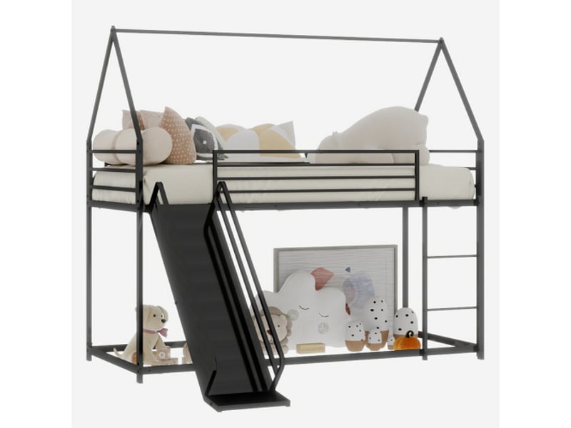 Lit superposé enfant 90x190 cm, forme maison avec toboggan, escalier, noir, sans matelas - Conforama A