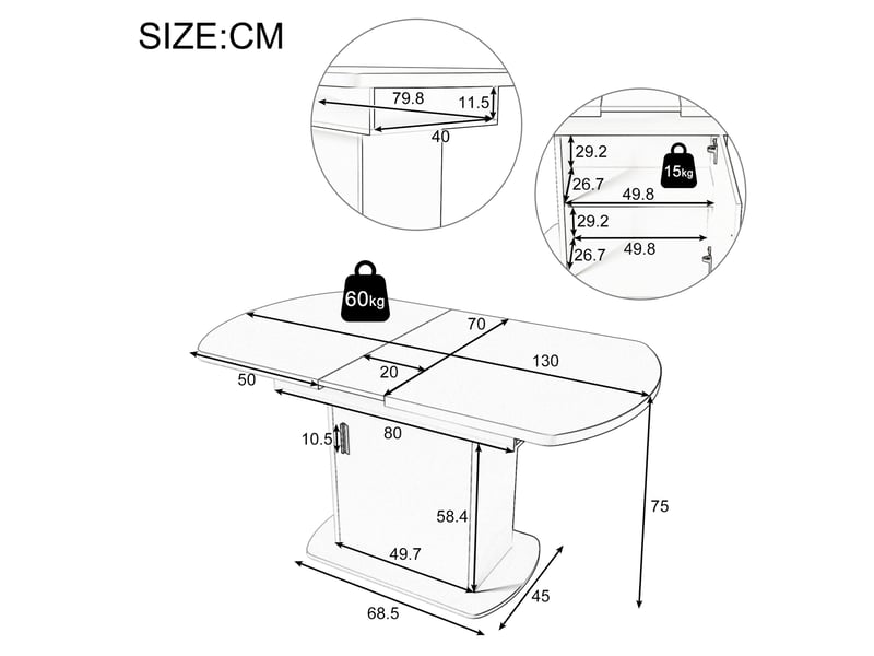  Table de salle à manger ovale extensible 110 à 130 cm blanche et dorée avec rangements intégrés, style moderne  - Conforama C