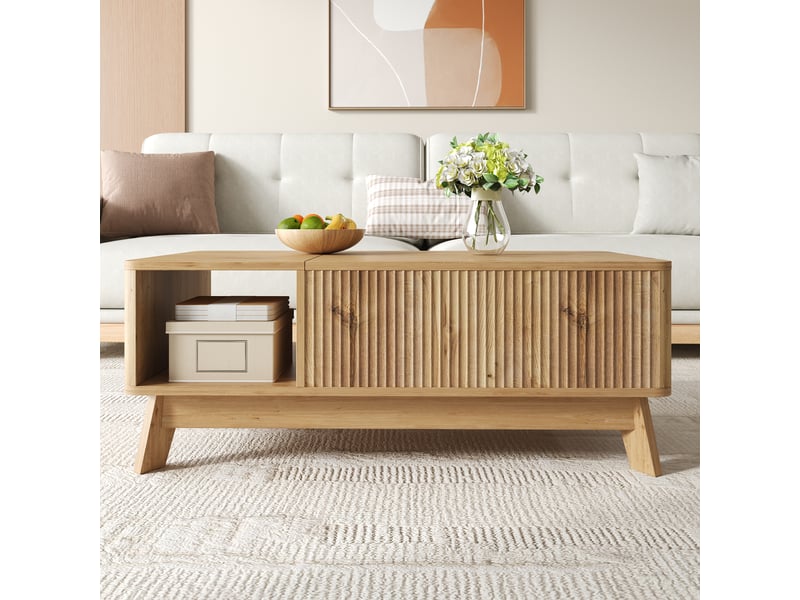  Table basse moderne - aspect ondulé tridimensionnel - plateau réglable en hauteur - espace de rangement caché 95x48x50cm - Conforama W