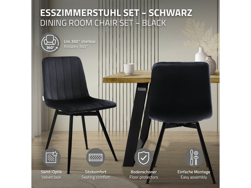  Ml-design chaise de salle à manger en velours, lot de 2, pivotante 360 degrés, avec dossier, pieds en métal, design moderne mid-century, patins réglables, pour cuisine salon, charge 120 kg, noir  - Conforama B