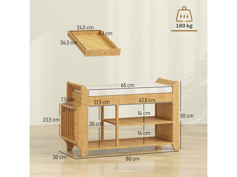  Banc à chaussures avec assise rembourrée, rangement latéral, porte-bottes, structure en bambou, 80 x 30 x 50 cm, naturel  - Conforama E