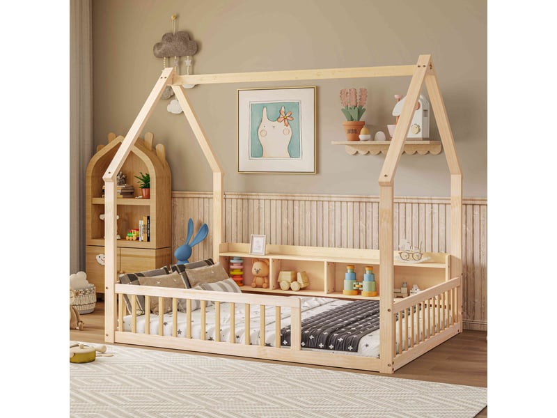 Lit au sol enfant 140x200 cm en bois en forme de maison avec 4 niches, barrières de sécurité et ouverture d'accès - naturel - Conforama E
