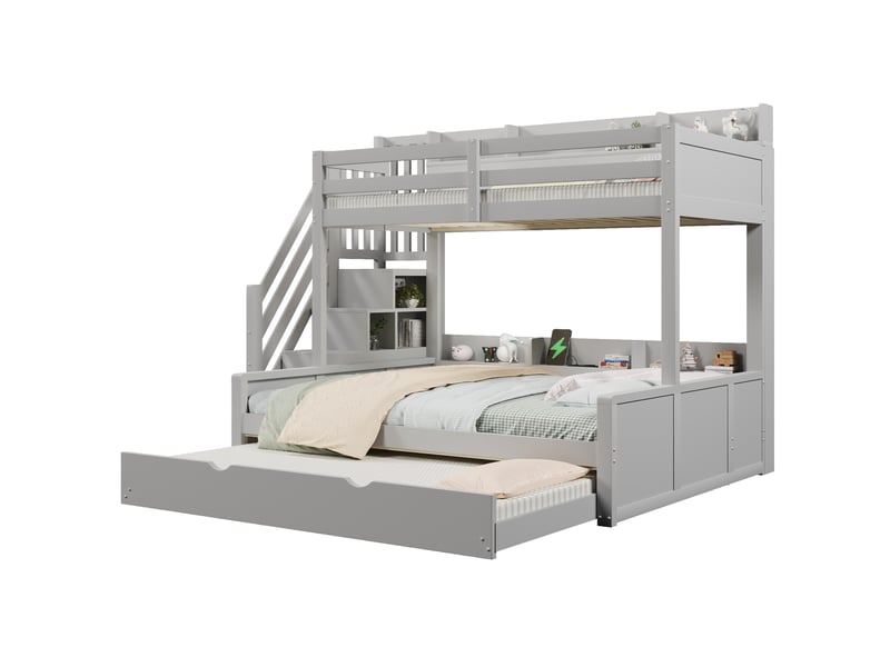  Lit superposé 140 × 200 cm avec lit gigogne, escalier de rangement et port usb pour chambre enfant, gris  - Conforama A