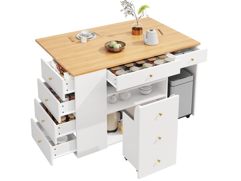  Desserte de cuisine avec 6 tiroirs, étagères et tabouret à roulettes pour cuisine, blanc, 140 × 40(70) × 89 cm  - Conforama A