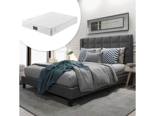 Lit capitonné 140x200cm, tête de lit à design carrelé, style moderne et épuré, incluant un matelas, lin, gris