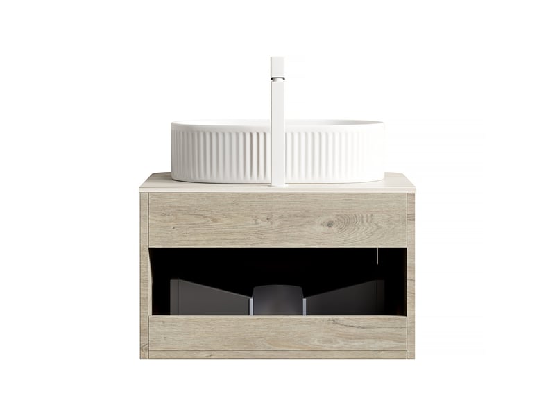  Meuble vasque suspendu 60 cm avec tiroir à fermeture douce - lpospi - vasque ovale céramique, pierre frittée beige et blanc 60 × 46 × 50,2 cm  - Conforama E