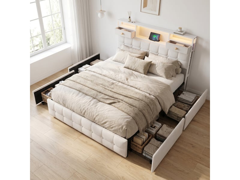  Lit 140x200 avec 4 tiroirs, lit adulte avec led rgb et ports de charge, lit double, tête de lit avec rangement intégré, tissu velours, moderne, beige  - Conforama B