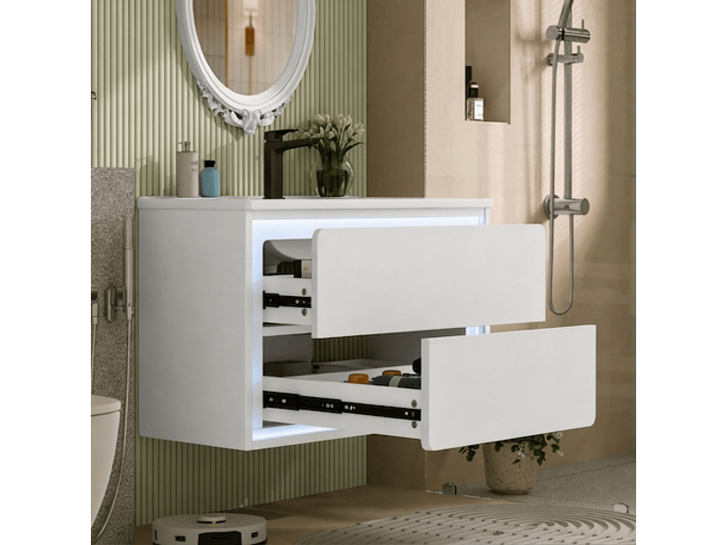  Meuble salle de bain suspendu 76 cm avec led meuble sous vasque blanc 2 tiroirs  - Conforama C