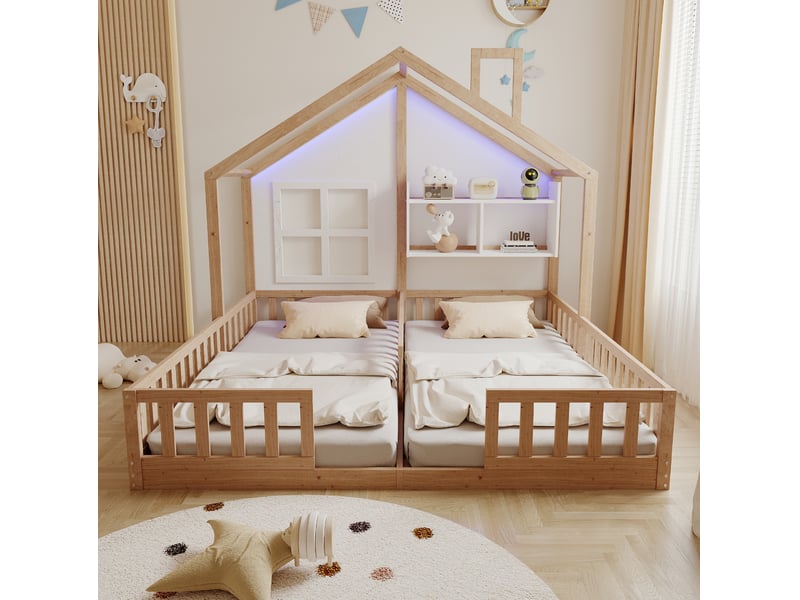  Lit double enfant maison 90x200 cm, barrières de sécurité, rangement, éclairage led, naturel, bois et en mdf, sans matelas  - Conforama D