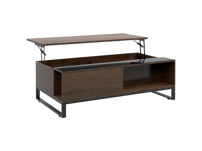 Table basse relevable avec 2 niches de rangement et étagère, pour salon, en bois et verre, noyer et noir - Conforama A