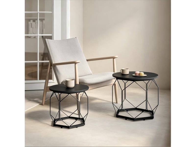  Lot de 2 tables basses rondes 50x50x45 cm plateau amovible bois métal noir  - Conforama D