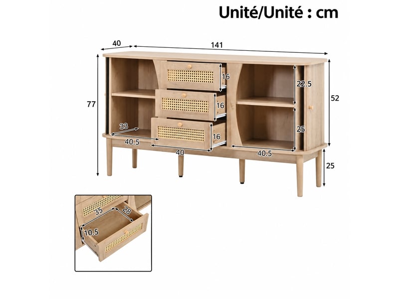 Buffet à portes coulissantes avec tiroirs en rotin, 141 cm - Conforama C