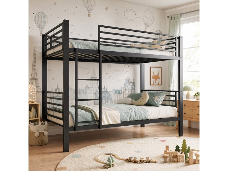  Lit superposé 90x200 cm en métal, robuste jusqu'à 350 kg, avec échelle réversible gauchedroite, sommier inclus, structure silencieuse - noir  - Conforama E