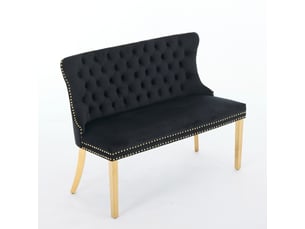 Banquette 2 places velours noir capitonnée, dos à ailes, boutons faits main, pieds en acier doré – mi-siècle moderne