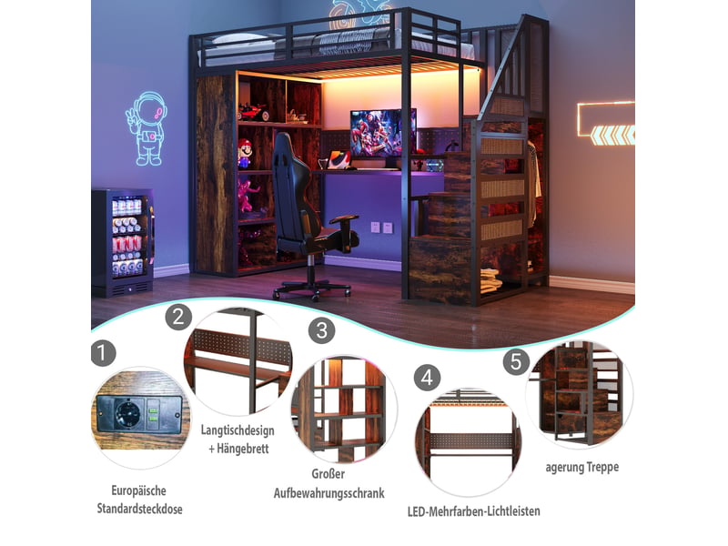  Lit mezzanine 90x200 cm avec bureau, rangements, armoire et led noir  - Conforama E